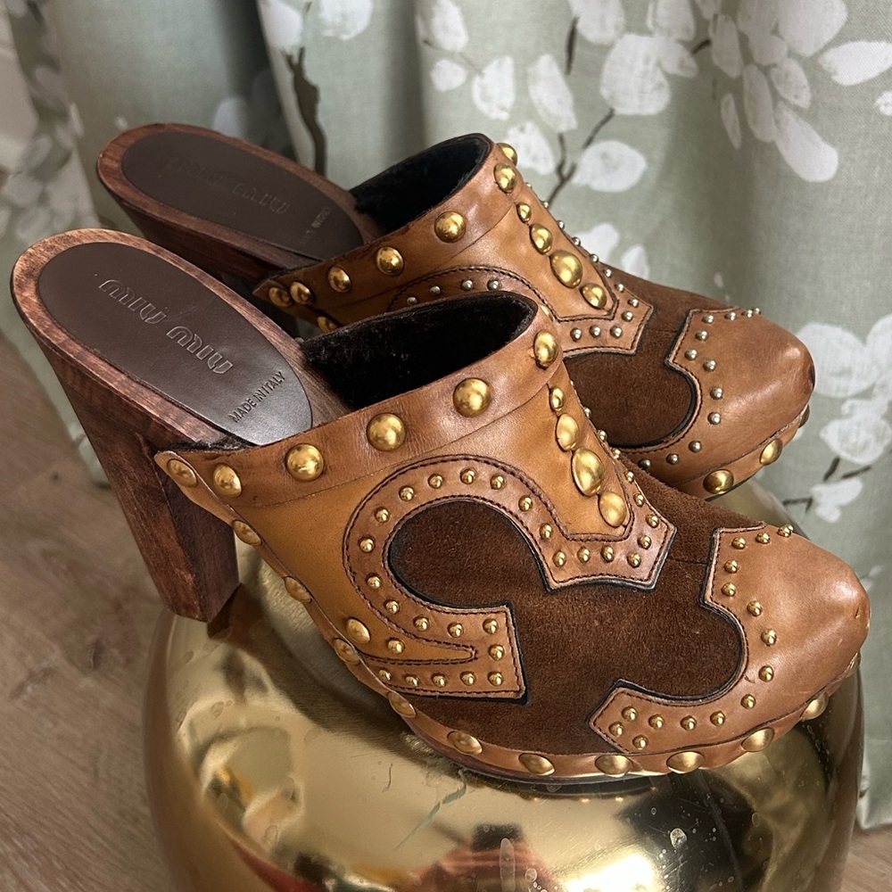 MIU MIU Size 37 1/2 or US 7 studded Brown leather clogs